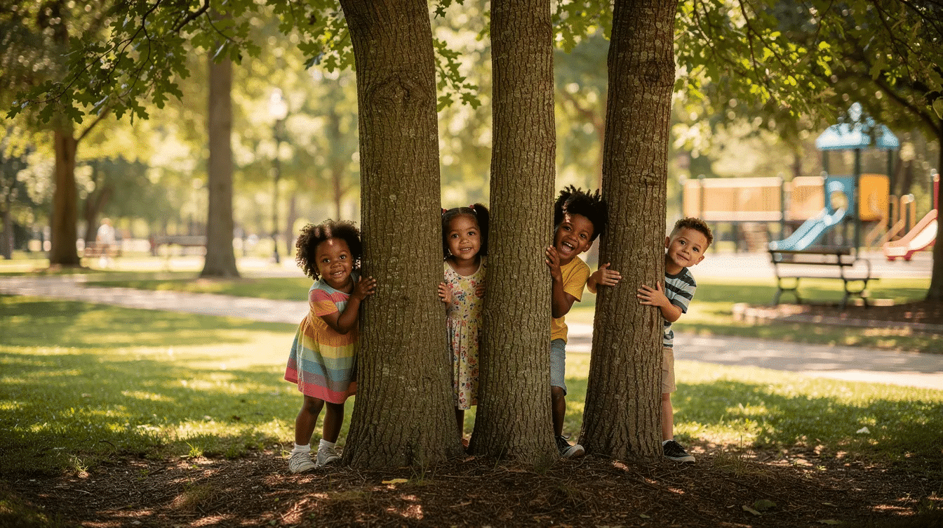 d7486f38-b28e-4688-a167-f49d39765b3e In a safe wooded park area, multiple younger kids peek out from behind trees, engaged in a fun game of hide and seek. The vibrant green surroundings create an ideal setting for outdoor play, encouraging kids to use their observation skills while they enjoy classic outdoor games.