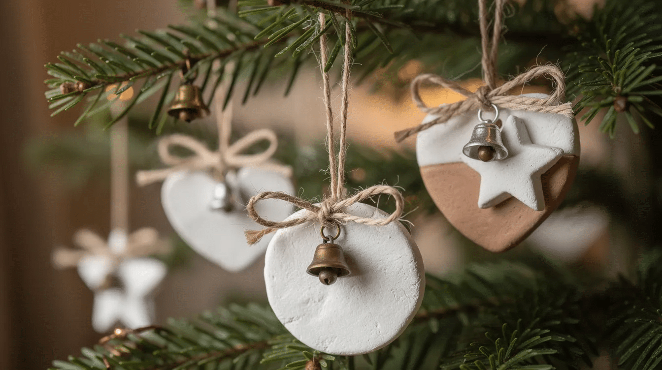 d7c3a337-c4b0-4bcc-9050-543e2e15c57e The image features finished salt dough ornaments hanging from evergreen branches, adorned with twine and small bells, creating a festive display. These homemade salt dough ornaments add a charming touch to the natural setting, perfect for the holiday season.
