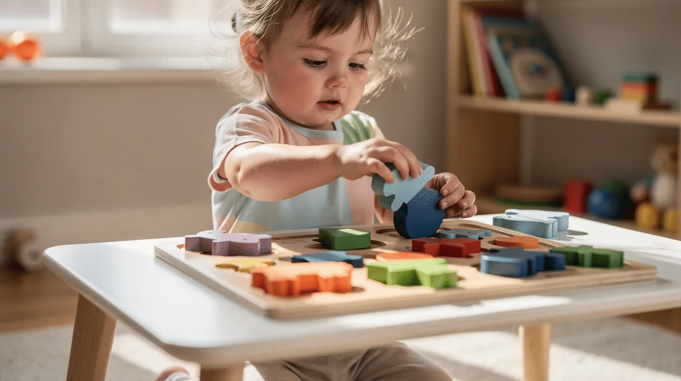 d8ca693a-118c-4cb3-a7fd-8779d44476d9 A toddler is focused on placing large wooden puzzle pieces onto a low table, engaging in a quiet time activity that promotes fine motor skills and independent play. This scene captures a moment of imaginative play, perfect for keeping little ones busy during rest time.