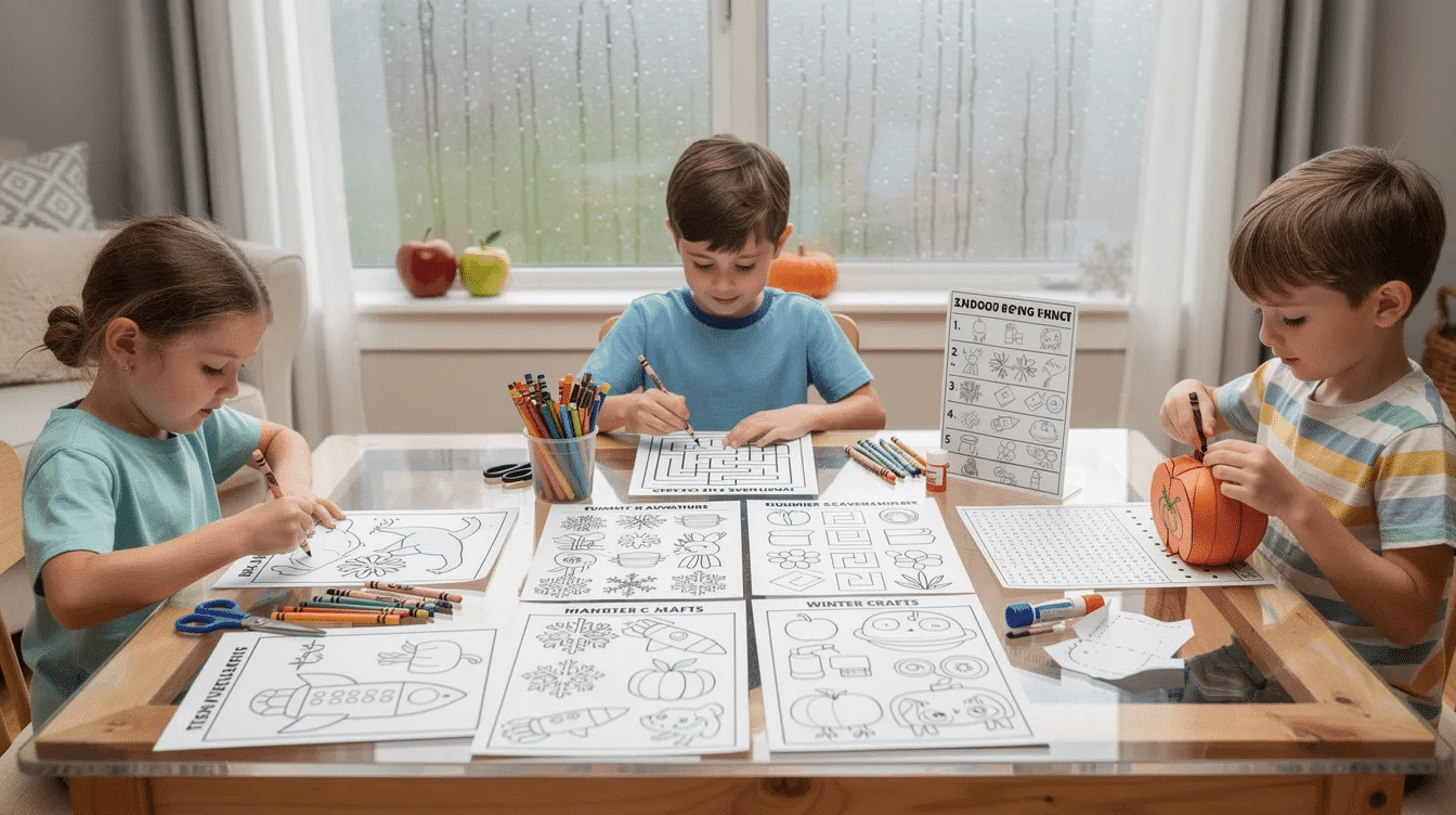 d9236c5e-5b2b-48f6-8fd8-88ab464410b8 The image depicts a variety of free printable activities for kids, including colorful coloring pages, word searches, and maze collections, all arranged on a table with crayons and scissors. These engaging resources are perfect for keeping children entertained on a rainy day while promoting fine motor skills and creativity.