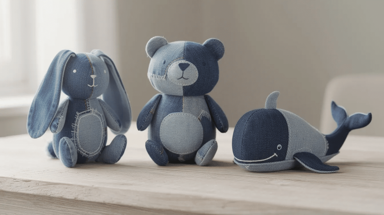 da26fede-4a1b-4e87-944d-31f5d0cbb0d1 The image features handmade stuffed animals crafted from upcycled denim, showcasing a cute bunny, a bear, and a whale, all made from old jeans and denim scraps. These creative denim crafts highlight the fun of upcycling projects for kids, turning fabric remnants into delightful toys.