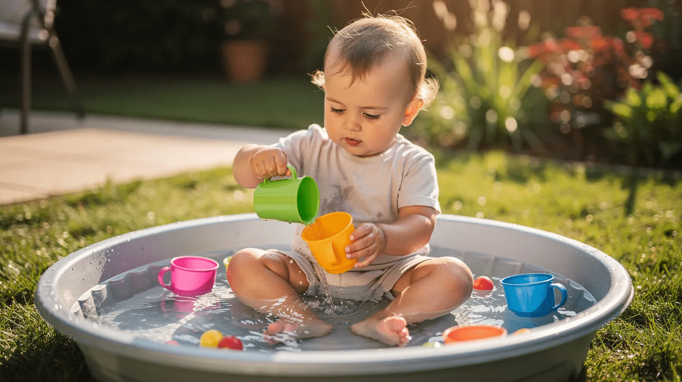 da51576d-1f6d-4998-857f-3e332e91b251 A busy toddler is pouring water between colorful cups in a shallow outdoor tub, engaging in sensory play that enhances fine motor skills and language skills. This hands-on activity encourages creativity and problem-solving as the child explores the different ways to transfer water, promoting brain development and developmental milestones for 2-year-olds.