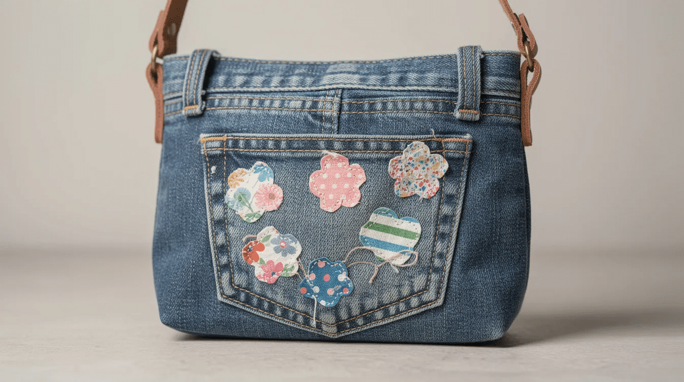 dbf82905-b46b-4585-a313-7fab2287502e A small handmade denim purse crafted from the back pocket of old jeans, adorned with colorful patches and denim scraps, showcasing a creative upcycling project. This unique denim bag highlights the fun of repurposing materials into stylish accessories for kids.