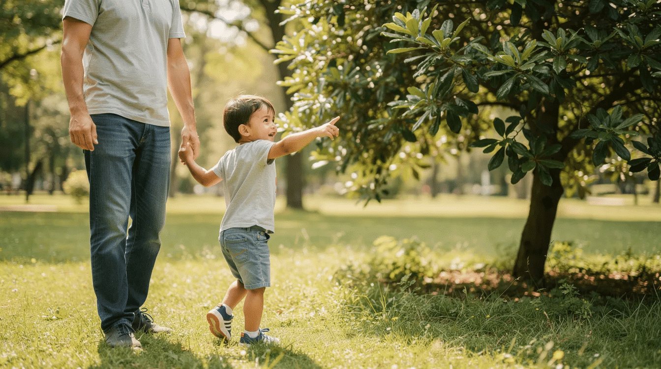 dc322cb1-f0bb-40a8-ada3-a2eec15d2974 A small child excitedly points toward a tree while walking with an adult in a lush green park, showcasing the joy of exploring nature together. This moment captures a perfect outdoor scavenger hunt idea, encouraging young kids to discover and identify natural objects in their environment.