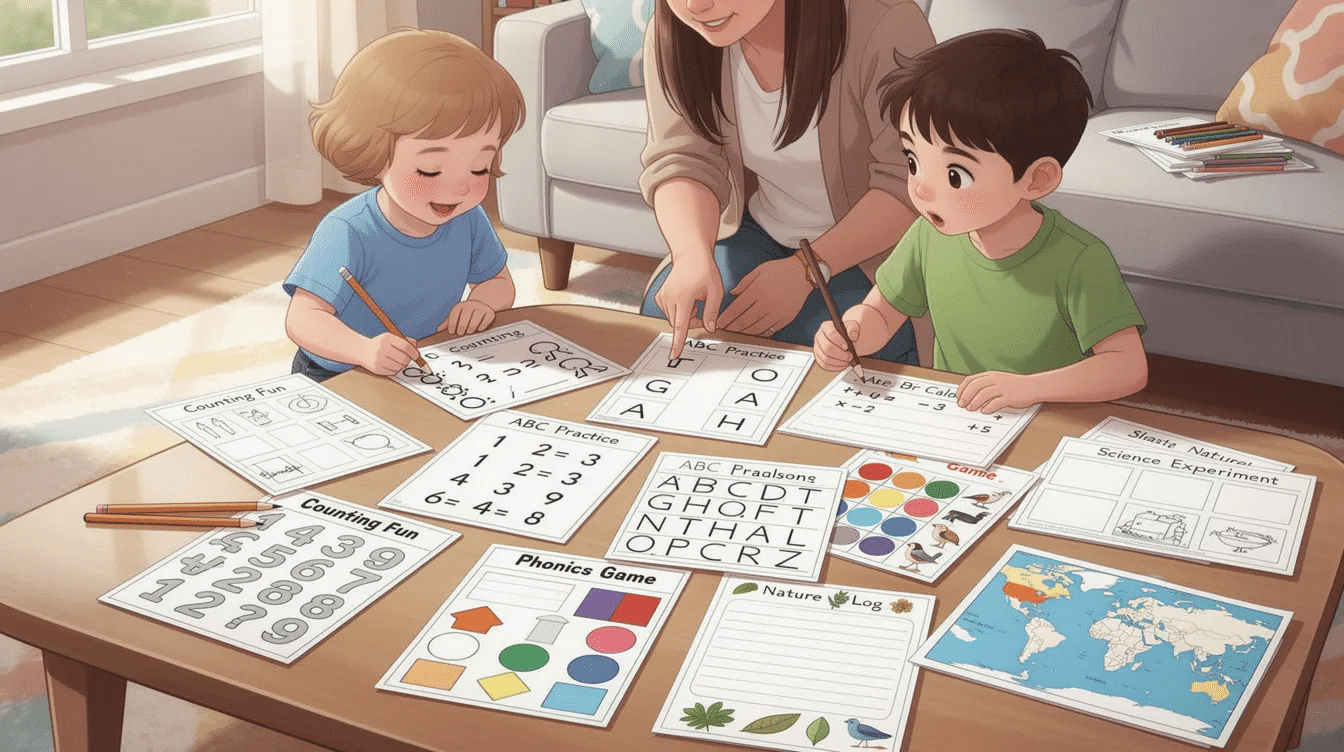 dcd58d6f-1383-4c96-92d0-8b8376f491f7 The image features a collection of colorful free printable worksheets designed for educational learning activities for kids. These activity sheets include math exercises, preschool worksheets for counting and shapes, and fun games that promote literacy and fine motor skills, making learning enjoyable at home or in the classroom.