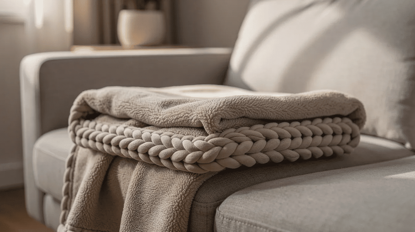 dd84dbe4-f449-4a48-b2ad-0cea4dc229ab A finished fleece blanket with a braided edge is neatly folded on a couch, showcasing its cozy and warm design. This no sew fleece blanket, made from anti-pill fleece, serves as a perfect lap blanket for kids or adults alike.