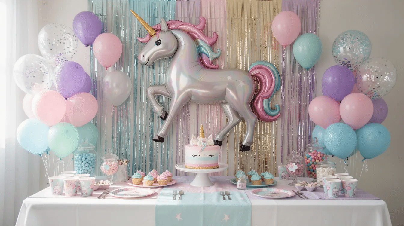 df3ccc0c-3310-4559-b5b9-59f0d61be027 The image features a pastel unicorn balloon backdrop adorned with shiny fringe, creating a whimsical setting for a unicorn themed party. In front of the backdrop, a decorated party table is set up with colorful treats, including a unicorn cake and cupcakes, perfect for a unicorn birthday celebration.