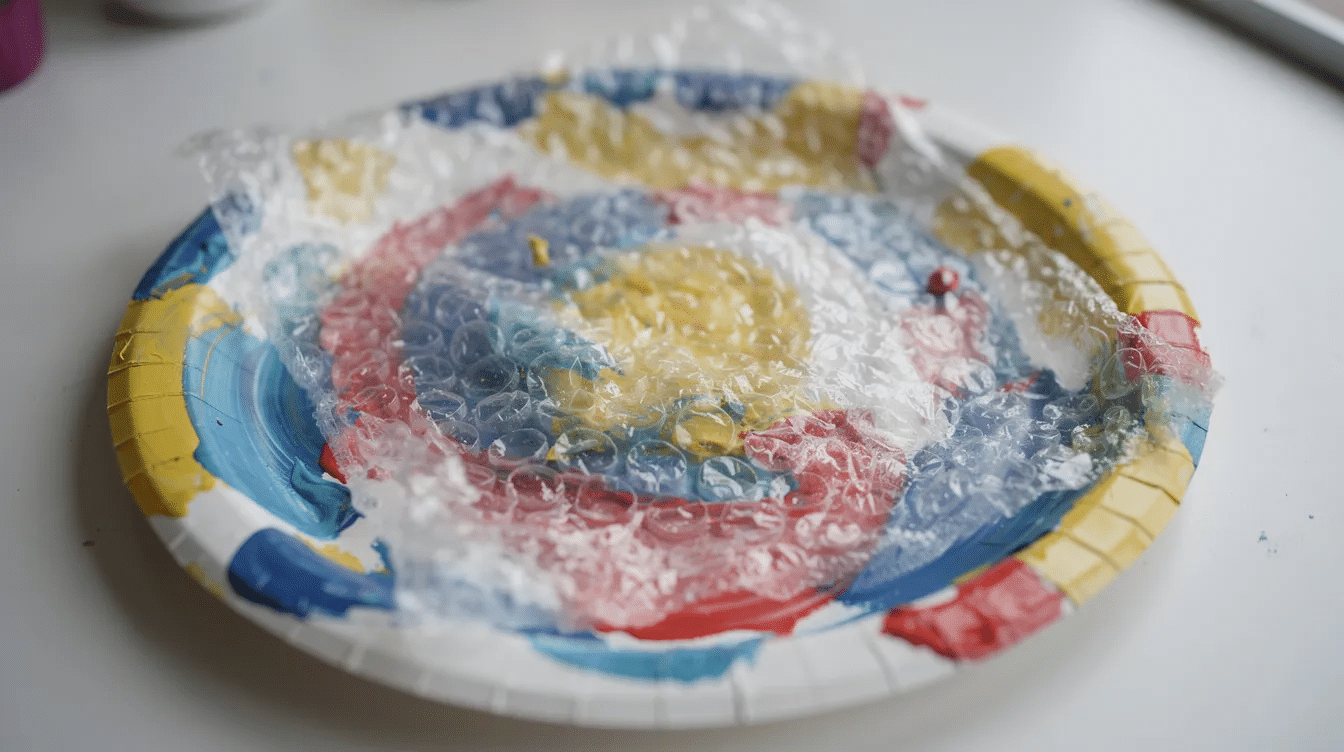 dffe7a5a-f52a-4d4d-9e1d-73851ec6fac1 The image shows a painted paper plate decorated with bubble wrap printing, creating a colorful background for a fun paper plate snake craft. The snake's head, adorned with two googly eyes and a tongue, is positioned at one end, showcasing a creative and simple craft idea for kids.