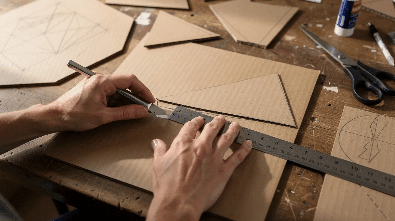 e0c62445-62e7-40a0-9f66-e65aa482aa4e An adult is using a craft knife to cut large shapes from cardboard on a craft table, creating pieces for a DIY shape sorter. This fun activity promotes fine motor skills and offers learning opportunities for toddlers as they engage in shape sorting and matching.