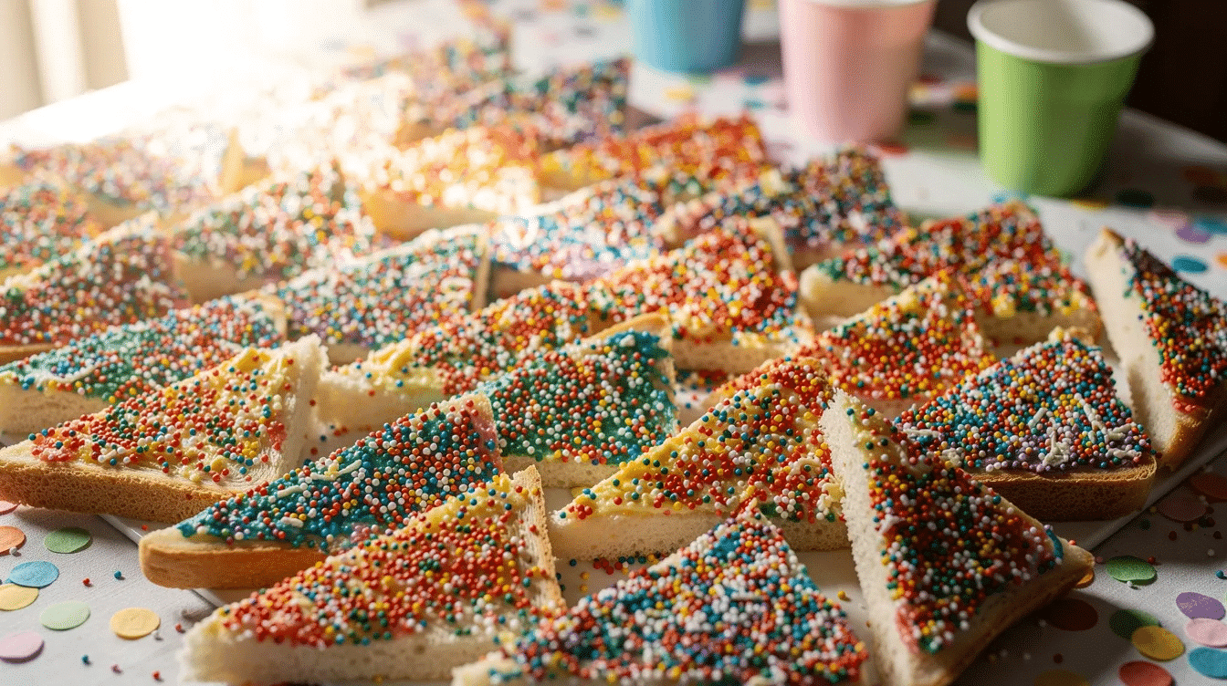 e157c0ea-b12c-4ee8-8abb-484cfb2b7833 The image features a vibrant party table adorned with rows of colorful fairy bread, showcasing slices of soft white bread generously spread with butter and topped with an array of bright chocolate sprinkles in various colors. This delightful treat, often enjoyed at kids' parties in Australia, is cut into small triangles, creating a fun and festive atmosphere.