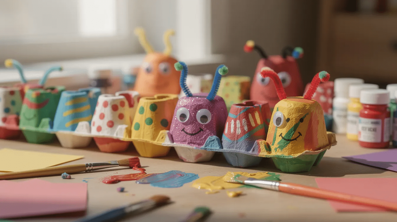 e3677160-6690-4e64-8c54-455bf7eaf00e The image features colorful handmade egg carton caterpillars crafted from painted egg carton cups, complete with googly eyes and pipe cleaner antennae, arranged on a craft table. This creative project showcases the fun and imaginative ways kids can use supplies to bring their very hungry caterpillar stories to life.