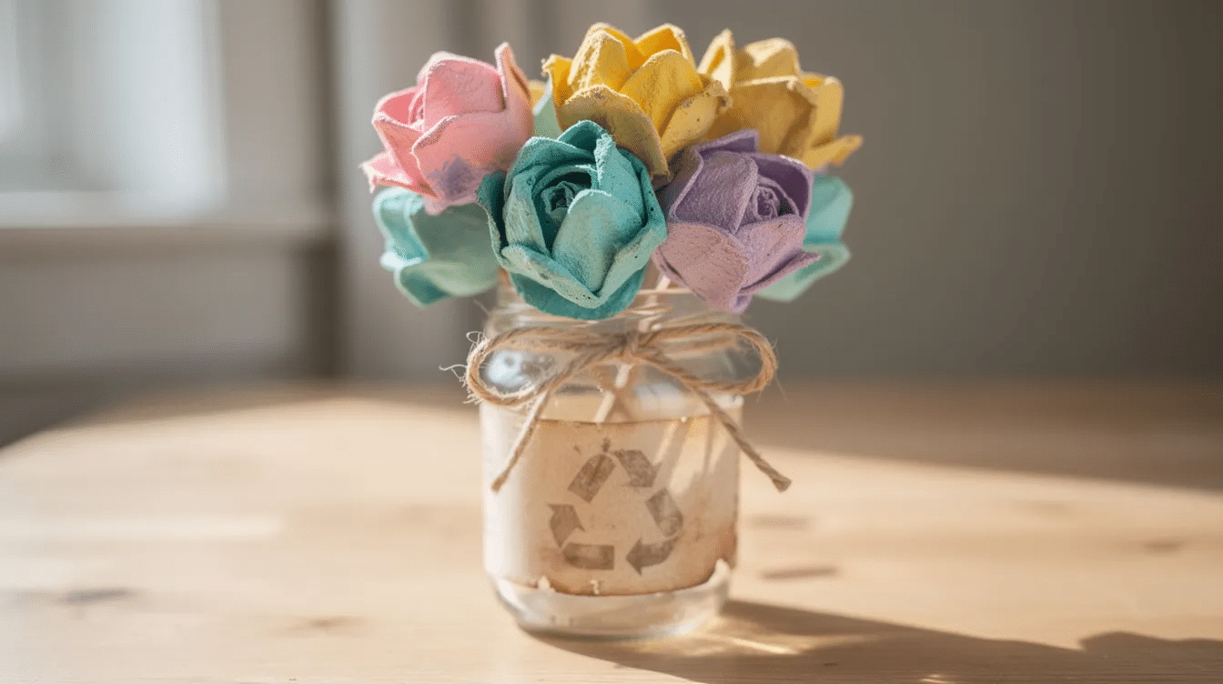 e3bd4dcf-b0bd-4f60-97e3-9107de102df7 A colorful bouquet of egg carton flowers is arranged in a small recycled jar, showcasing vibrant petals crafted from cardboard egg cartons. This adorable DIY project is a fun way for kids and grown-ups alike to express their creativity using materials like paint and glue.