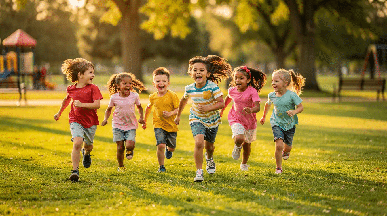 e3d5d06c-9037-4141-a726-61ea5936c69f A group of younger kids is joyfully running and laughing together in a grassy park, engaging in classic outdoor games like freeze tag and scavenger hunt. The open space allows them to play freely, showcasing their energetic spirit and love for outdoor fun.