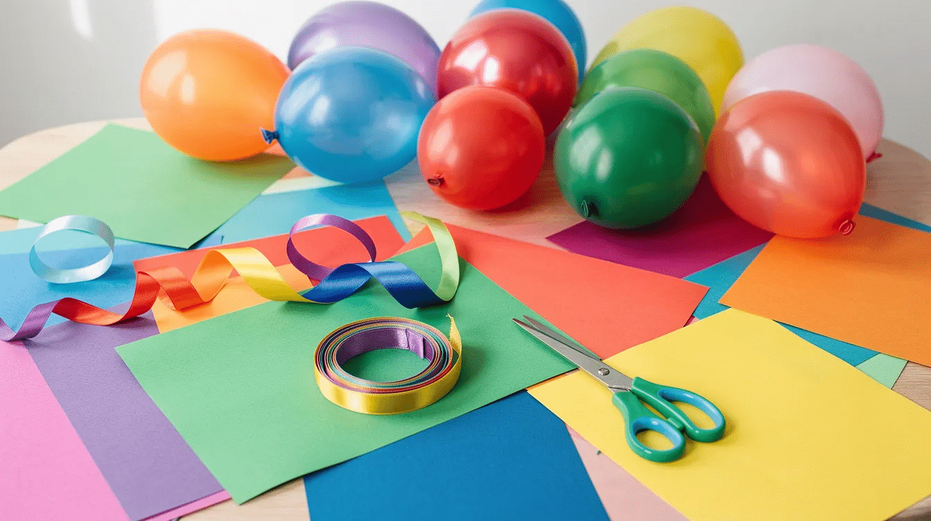 e4efd727-8f62-41e2-8a84-daf72780f25a A vibrant party table is adorned with colorful craft paper, scissors, ribbons, and balloons, showcasing the essential supplies for creating a DIY birthday banner. This festive setup inspires fun and creativity for any celebration or kids' party.