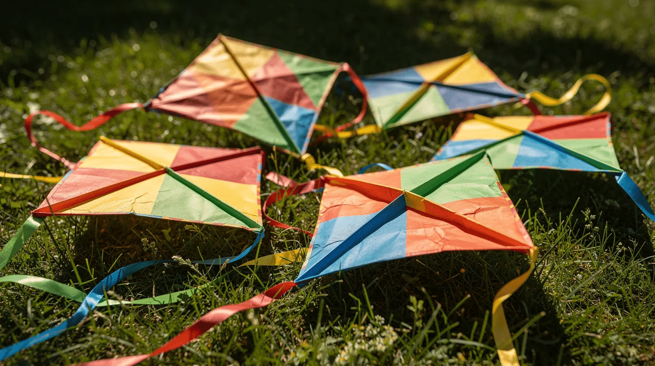 e5589a87-b8f2-4536-8e79-f955a17296c8 A variety of colorful handmade paper kites, shaped like diamonds and triangles, are laid out on a grassy surface, showcasing their vibrant designs and tails. These kites, crafted from paper and attached with kite string, represent a fun project for kids, ready to fly in the wind.