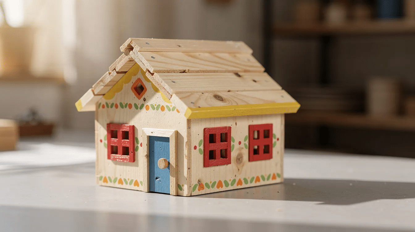 e765d4ed-74d2-4ee3-88c1-05e7461f04ab The image features a small handmade wooden popsicle stick house, complete with a simple roof and colorful painted details, perfect for imaginative play. This cute craft showcases fine motor skills and creativity, making it an awesome project for kids and a fun way for families to spend time together.