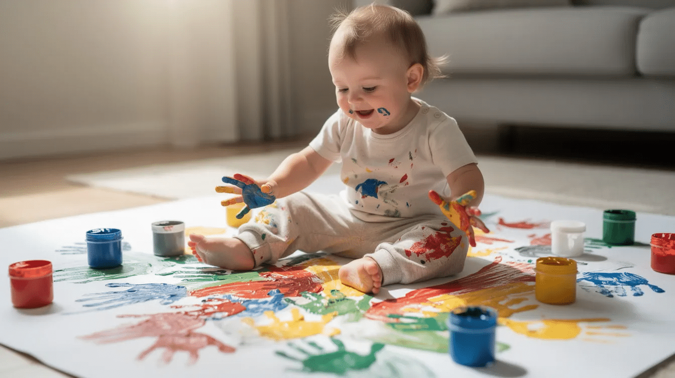e7fd1a29-0c04-4238-954b-0e4ddc90d0e4 A busy toddler is finger painting on a large sheet of paper using washable colors, engaging in sensory play that encourages creativity and fine motor skills. This hands-on activity promotes brain development and provides an opportunity for children to explore different colors and shapes while having fun.