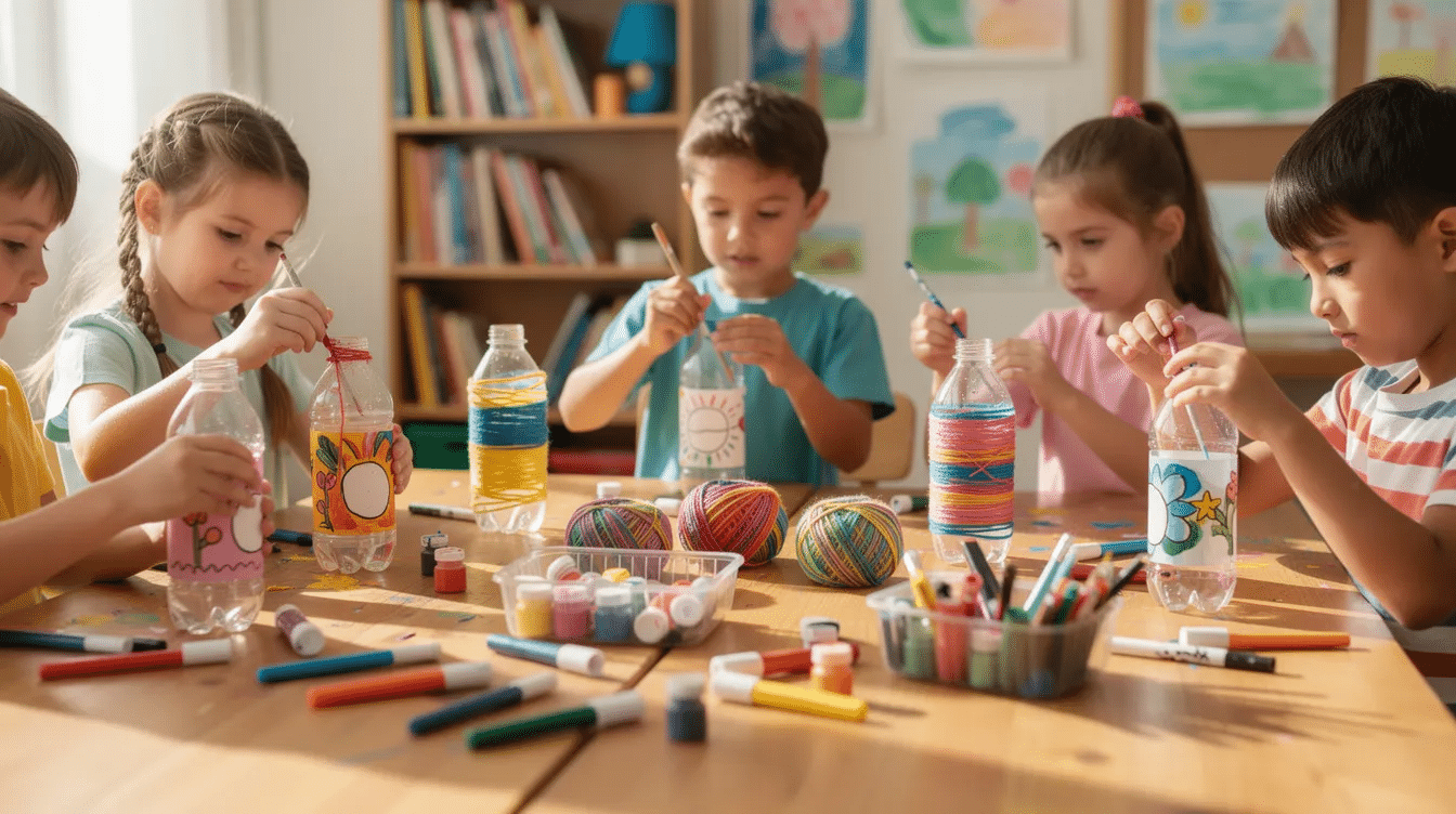 e8f04e11-d648-4da0-8731-a84272affcc8 A group of children are engaged in creative activities at a table, using clean plastic bottles, paint, yarn, and markers to create fun and imaginative crafts. This hands-on project encourages kids to upcycle plastic bottles, enhancing their fine motor skills while fostering creativity and teamwork.