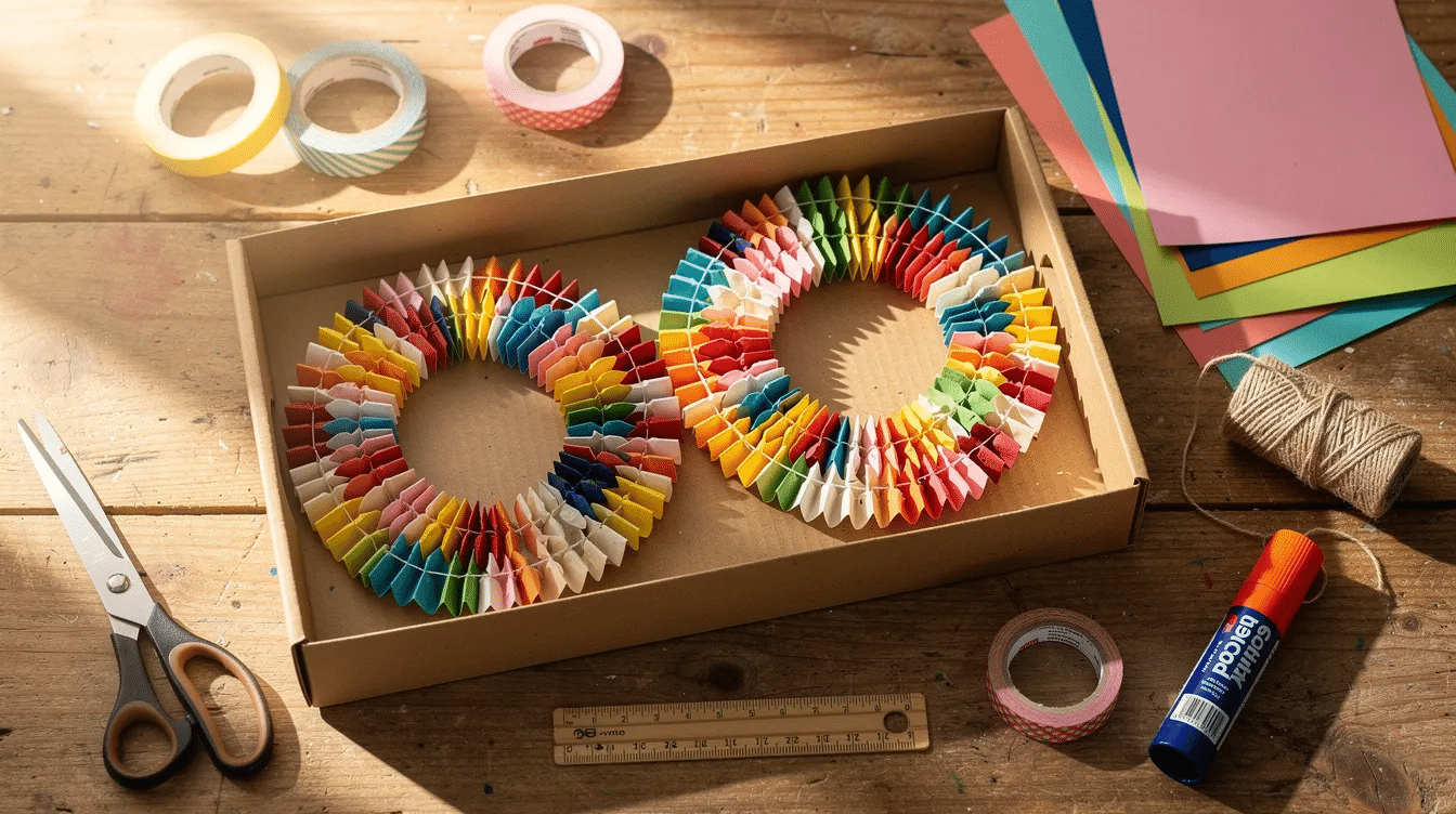 ea74d953-fb7e-4e03-80cf-52404f7f2a8d A shallow box holds neatly coiled paper chain garlands made from colorful paper strips, with various crafting supplies like scissors, glue, and tape scattered nearby, ready for a fun birthday party decoration project. The vibrant colors of the garlands suggest a festive atmosphere, perfect for celebrating holidays or special occasions.