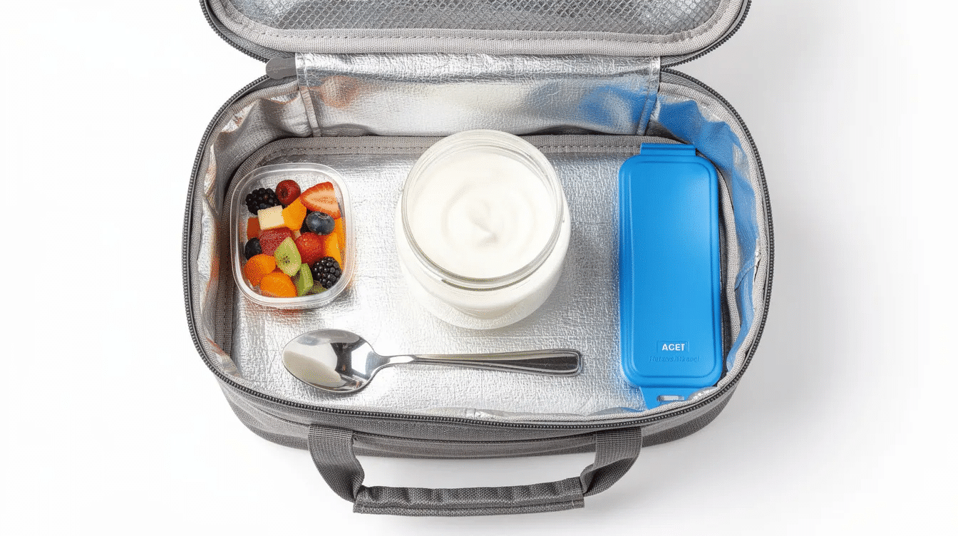 eab66810-a14d-4b74-87c5-44b810a85a84 An insulated lunch bag contains a jar of yogurt, a small container of toppings, a spoon, and an ice pack, perfect for creating healthy yogurt parfaits. The setup suggests a kid-friendly yogurt parfait recipe, ideal for a nutritious breakfast or snack on the go.