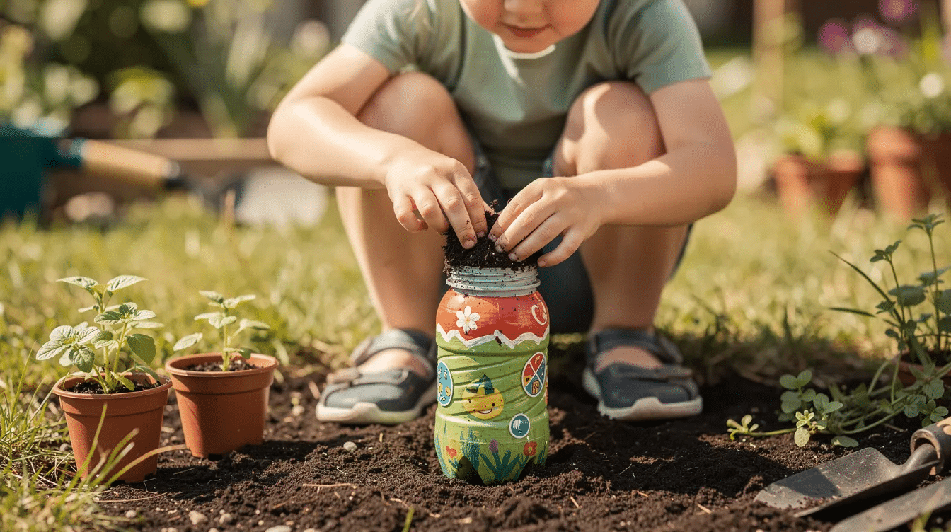 eadaa8f2-8714-4326-bba7-ed63e6a73b9a A child is joyfully placing soil into a decorated plastic bottle planter, surrounded by small green plants, showcasing a fun process art activity that encourages creativity and recycling. This engaging project highlights the use of recycled materials, promoting imaginative play and a connection to nature.