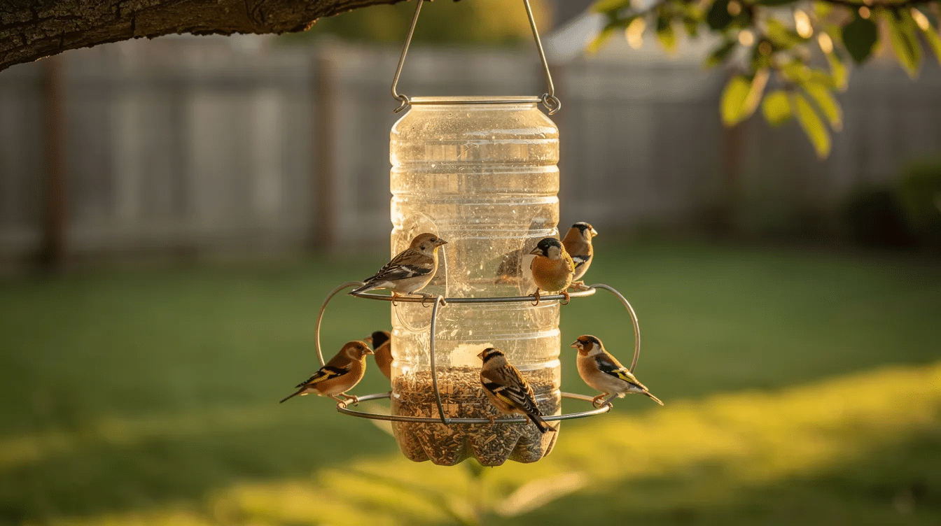 ec6f125e-3633-4b67-b708-a08e06ce4f6e A group of small wild birds is perched on a DIY bird feeder made from a plastic bottle, hanging from a tree branch in a backyard. The feeder features feeding holes on opposite sides, allowing the birds to access the birdseed inside while enjoying their snack.