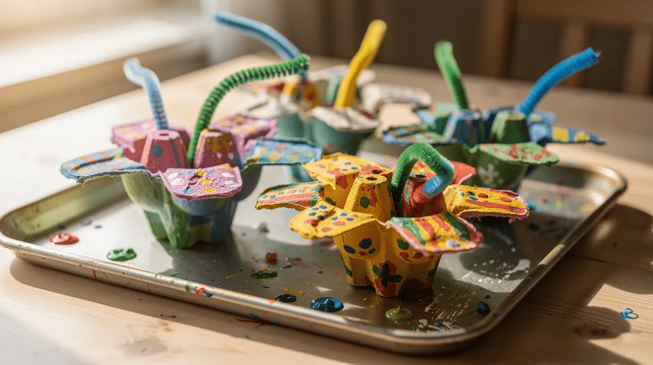 ece91016-3165-4f89-80c5-9332120b4e2c The image shows colorful painted egg carton flowers with pipe cleaner stems arranged on a tray, drying after being crafted. This fun and creative egg carton craft is perfect for kids and grown-ups alike, showcasing various shapes and vibrant colors that resemble a cheerful spring bouquet.