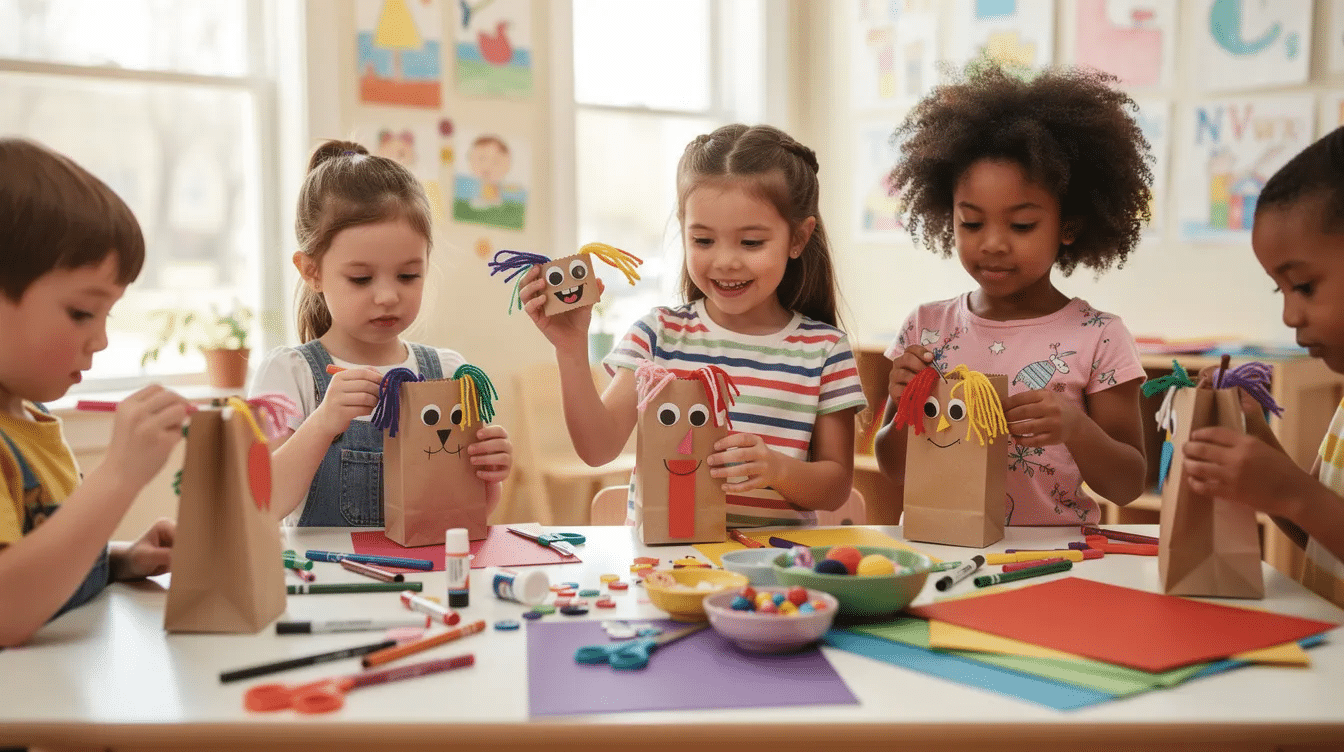 ee32be25-941b-4d20-85d6-91a39d6fc1bb A group of children is gathered around a craft table, enthusiastically decorating their paper bag puppets using colored paper, glue, and craft supplies. They are adding facial features like googly eyes, yarn for hair, and markers to create fun characters for pretend play and puppet shows.