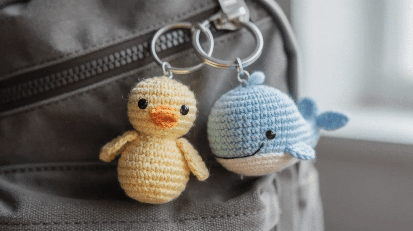 f1f91b35-21b0-4576-a4c5-e09fe2fb4687 The image features small crocheted keychains of a cute duck and a whale, both made with colorful yarn, attached to the zipper of a backpack. These adorable amigurumi toys showcase beginner-friendly patterns, perfect for those starting their crocheting amigurumi journey.