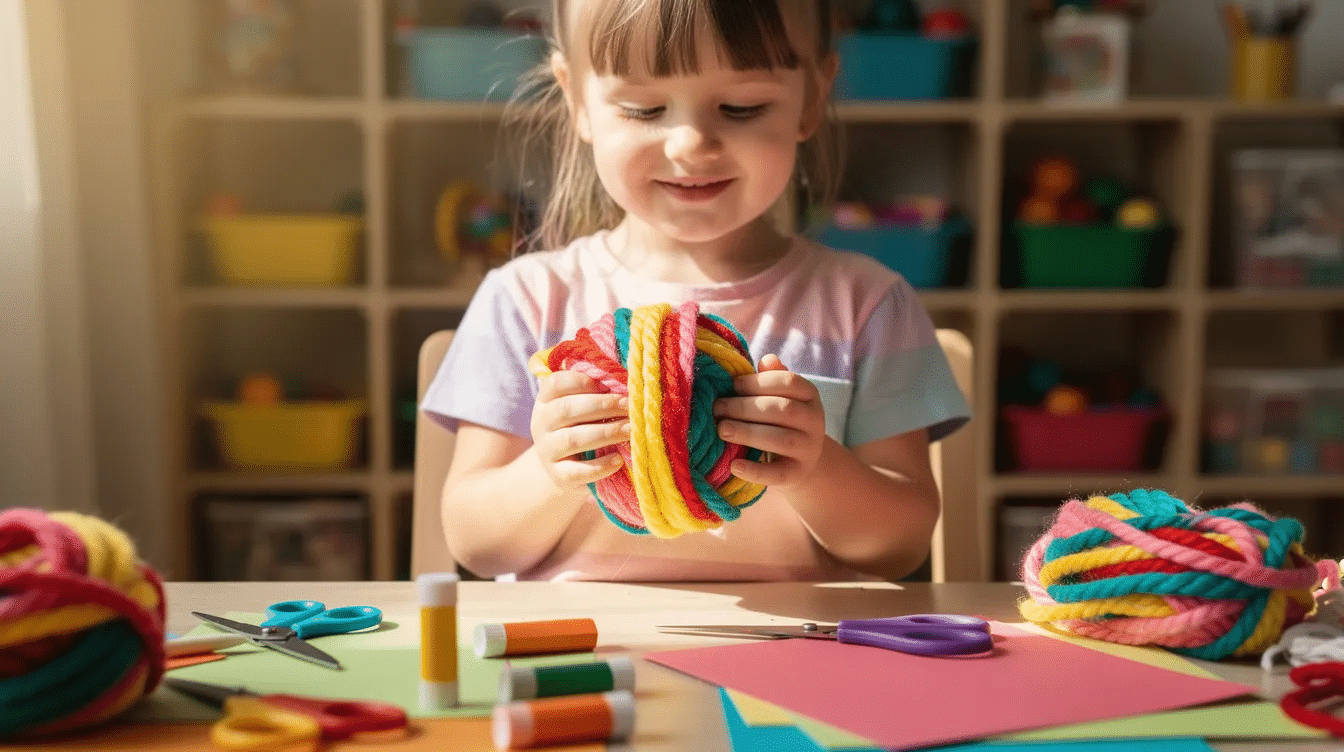 f2224ada-7882-442d-93ec-a65d1620ac03 A young child sits at a craft table, holding a ball of colorful chunky yarn, ready to begin finger knitting. Their fingers are poised, demonstrating a super simple technique that can lead to creating fun projects like friendship bracelets and scarves.