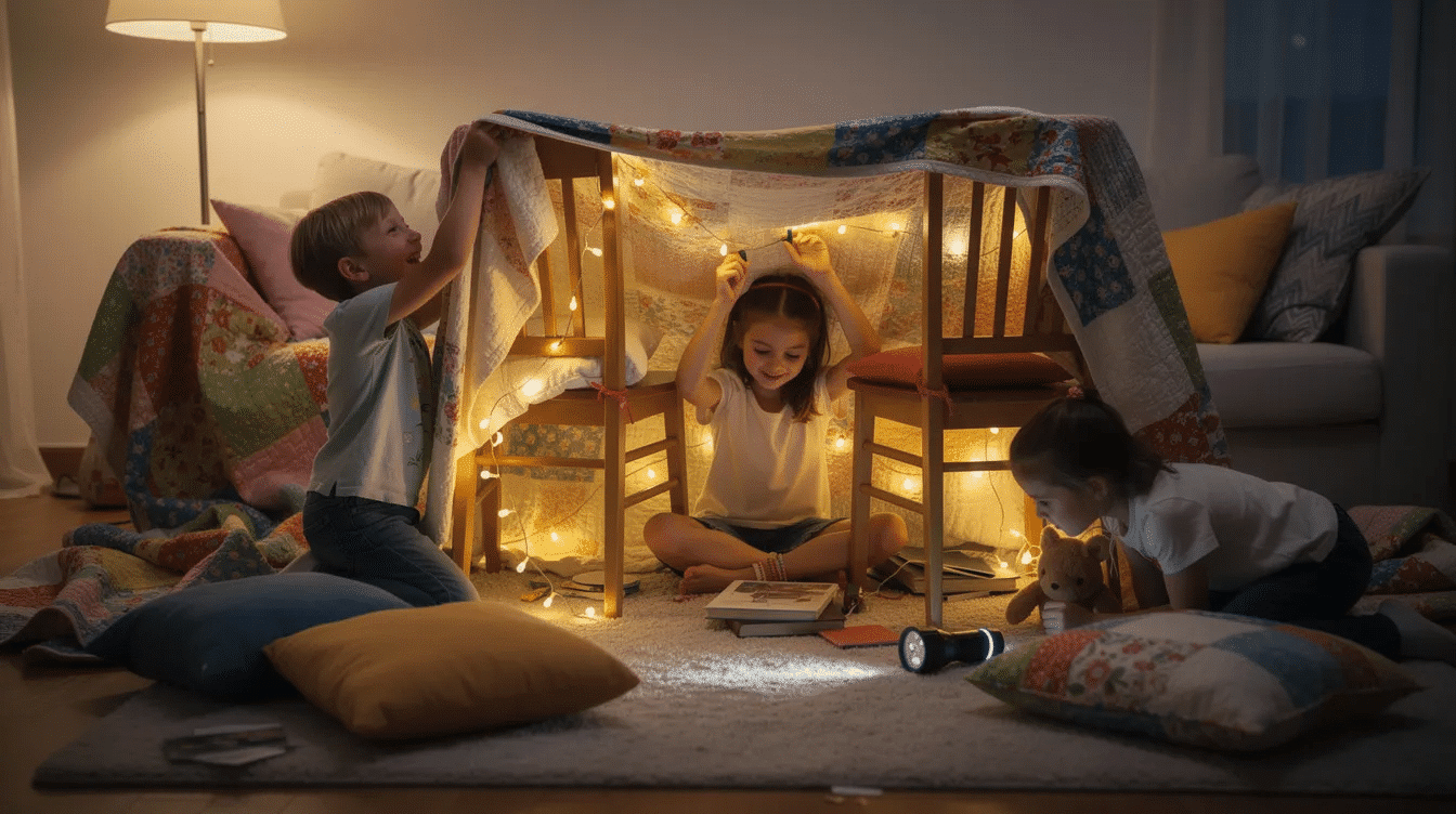 f23a21cc-f99c-40a4-ba90-bc9bfd0a7d34 A group of children is joyfully building a blanket fort indoors, using pillows and chairs to create a cozy playhouse filled with their little imagination. This fun activity is a perfect boredom buster for a rainy day, keeping kids entertained as they crawl inside and enjoy their creative space.
