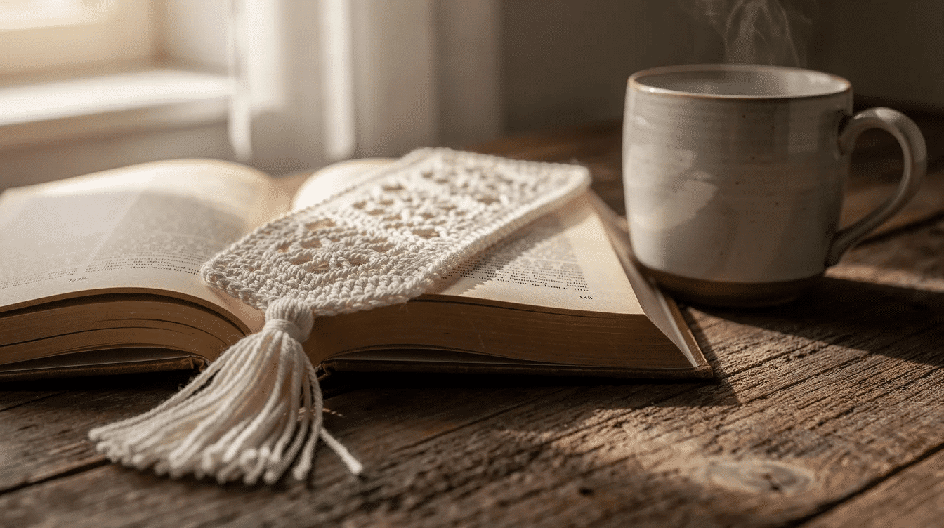 f23a4cfa-245b-457c-a868-54b7552aa132 A beautifully textured crochet bookmark featuring a charming tassel is placed beside a cozy mug and an open book, showcasing a practical and stylish accessory for book lovers. This handmade bookmark is a perfect example of an easy crochet pattern, ideal for beginners looking to create their own unique piece.