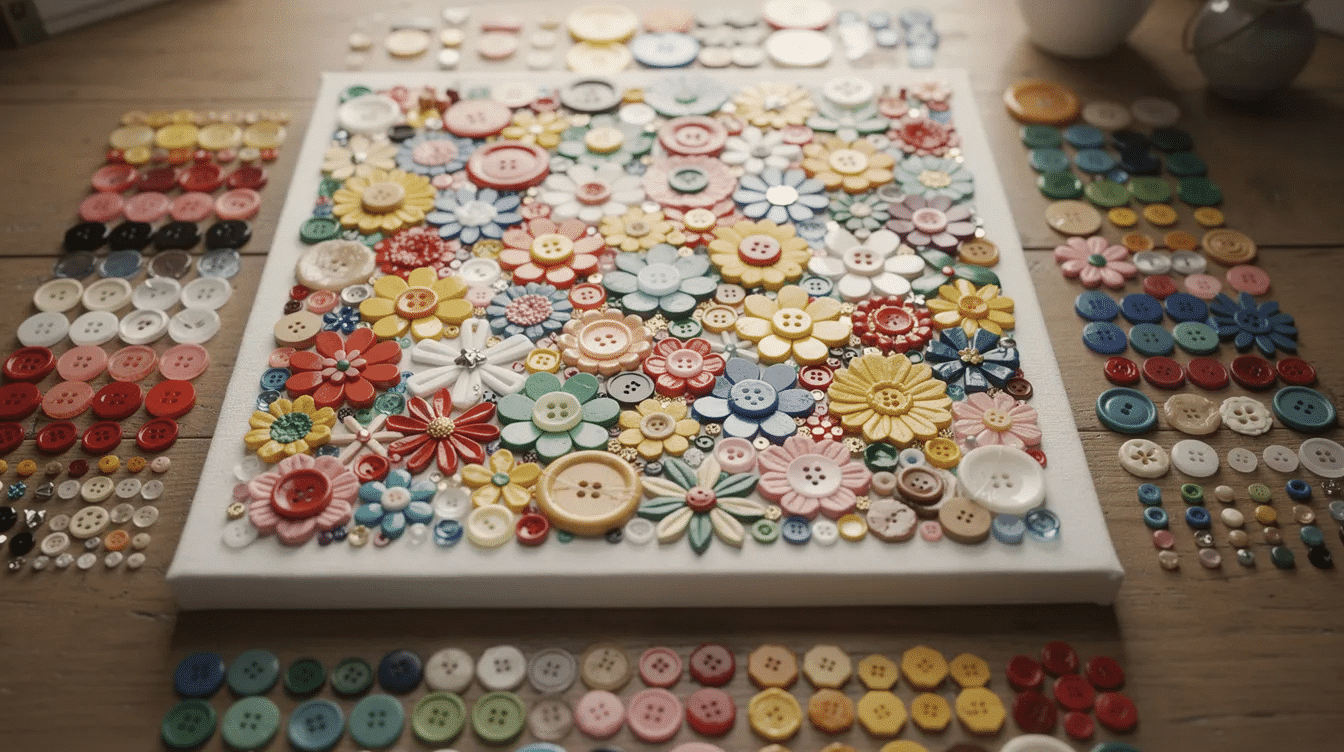 f4625afe-39a2-442a-a1f7-602b43536ae0 The image features a vibrant canvas adorned with button flowers in various colors, showcasing a delightful button art project. Surrounding the canvas are sorted buttons, including gorgeous vintage buttons, highlighting the endless possibilities for creative button crafts.