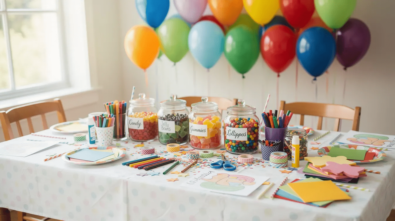 f4eedabc-7389-493c-8a1a-08438e8f4a85 A vibrant birthday party table is adorned with colorful balloons, jars filled with candy, and an array of craft supplies, creating an inviting centerpiece display for kids to enjoy. This cheerful arrangement offers great inspiration for party decorations and centerpiece ideas at a kids' birthday celebration.