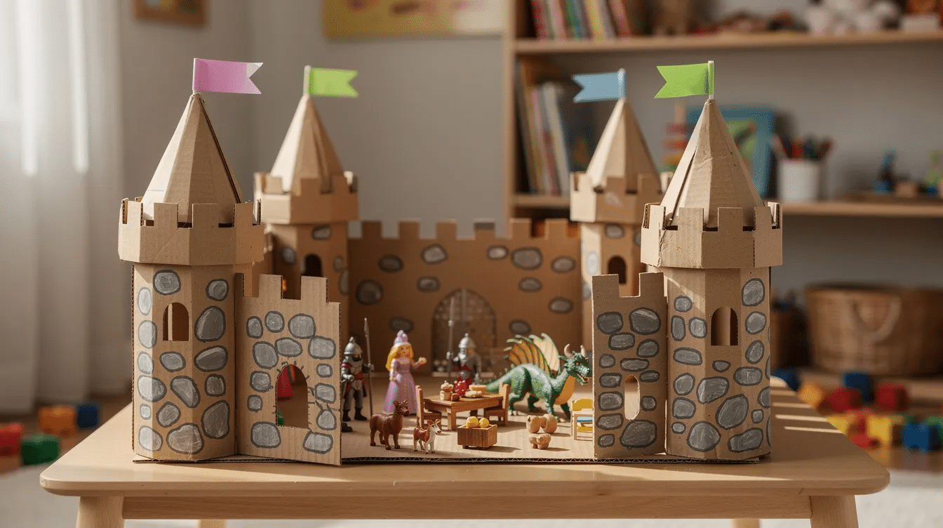 f64a4c05-7977-4197-9a68-835b8bbd9c82 A finished cardboard castle stands proudly, adorned with colorful flags and painted stones, inviting imaginative play. Inside, various pretend play toys are nestled within its walls, creating a magical space for kids to explore and enjoy their DIY cardboard castle project.