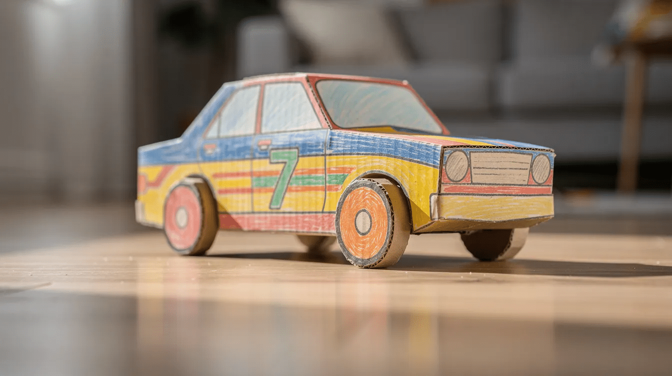 f7723c79-10d6-47cf-a0be-bb4234a99519 A finished colorful cardboard toy car races across a smooth floor, showcasing its vibrant paint and carefully crafted wheels. This playful project, made from cardboard box cars, is perfect for kids who enjoy creating and decorating their own unique designs.