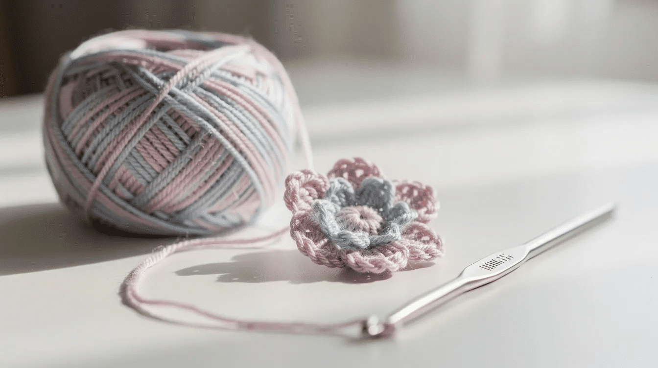 f8b64a74-4f6e-45cc-9bae-a4da259dc7a2 The image features a small, simple crochet flower with six petals, placed beside a crochet hook and a ball of yarn, showcasing a beginner-friendly crochet project. This adorable flower is made using techniques like slip stitch and half double crochet, making it a great addition to any craft project.