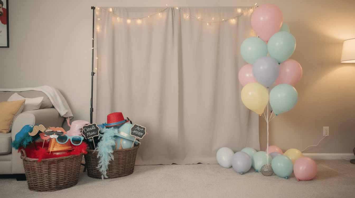 f95476dd-826e-4fc0-9bb8-1cdb076a83cb A cozy corner set up as a DIY photo booth features a colorful fabric backdrop adorned with balloons, along with baskets filled with fun props like hats and sunglasses, perfect for capturing memorable pictures at a kids' birthday party. This inviting space encourages creativity and group shots among family members and friends.
