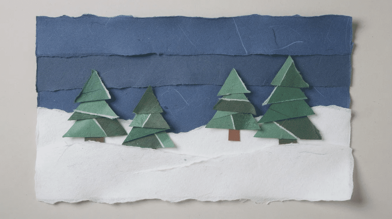 fa9f0511-2641-4434-bc8e-4e834b827b0f This winter-themed torn paper collage features a vibrant blue background with white snow and lush evergreen trees, showcasing a playful arrangement of torn pieces that create a charming landscape. The artwork invites kids and students to explore their creativity through the fun process of paper collage art.