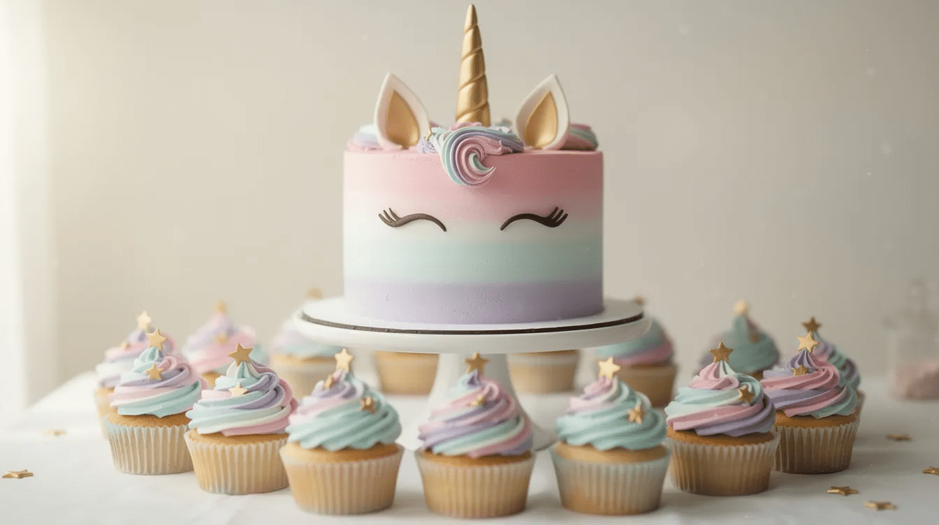 fc1c3f83-61de-4164-94ae-2a42349920bc The image features a beautifully decorated unicorn cake with pastel-colored frosting, a shiny gold horn, and an assortment of matching cupcakes, making it a perfect centerpiece for a unicorn themed party or unicorn birthday party. This delightful dessert showcases the whimsical and colorful elements that are ideal for any unicorn party ideas.