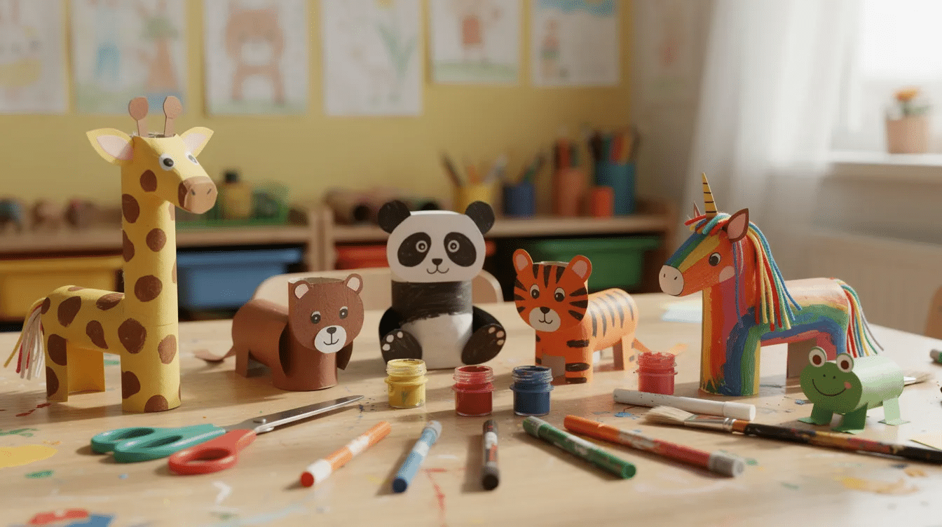 fdc211d2-59a8-411c-8ada-7567f1551ae7 The image shows a preschool craft table filled with colorful painted cardboard tube animals, including a pig, fox, and owl, made from simple materials like toilet paper rolls and black construction paper. Kids love using googly eyes and markers to add finishing touches, sparking their creativity through fun DIY cardboard animals projects.