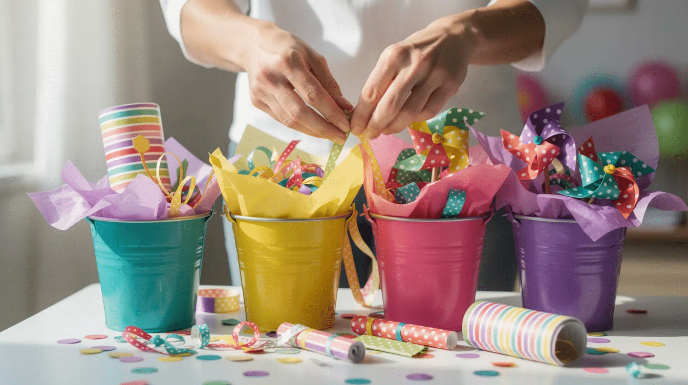 fdd4414c-aeaf-4573-9469-7b1493d76992 The image shows hands carefully arranging colorful party centerpiece supplies, such as small buckets filled with vibrant decorations and shapes, perfect for a kids' birthday party. This creative display serves as inspiration for cute centerpiece ideas to enhance the festive atmosphere.