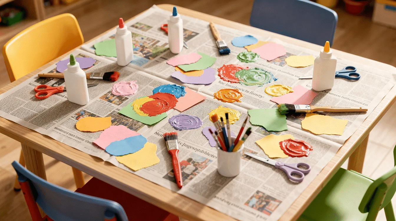 fe403a4e-1d07-4b26-9d53-8cc6a3b2082a A colorful preschool craft table is filled with old newspapers, paintbrushes, glue, and vibrant scraps of construction paper, inviting kids to explore fun newspaper crafts and create art projects. Various materials like washi tape and black markers are also scattered around, ready for preschoolers to use in their creative activities.