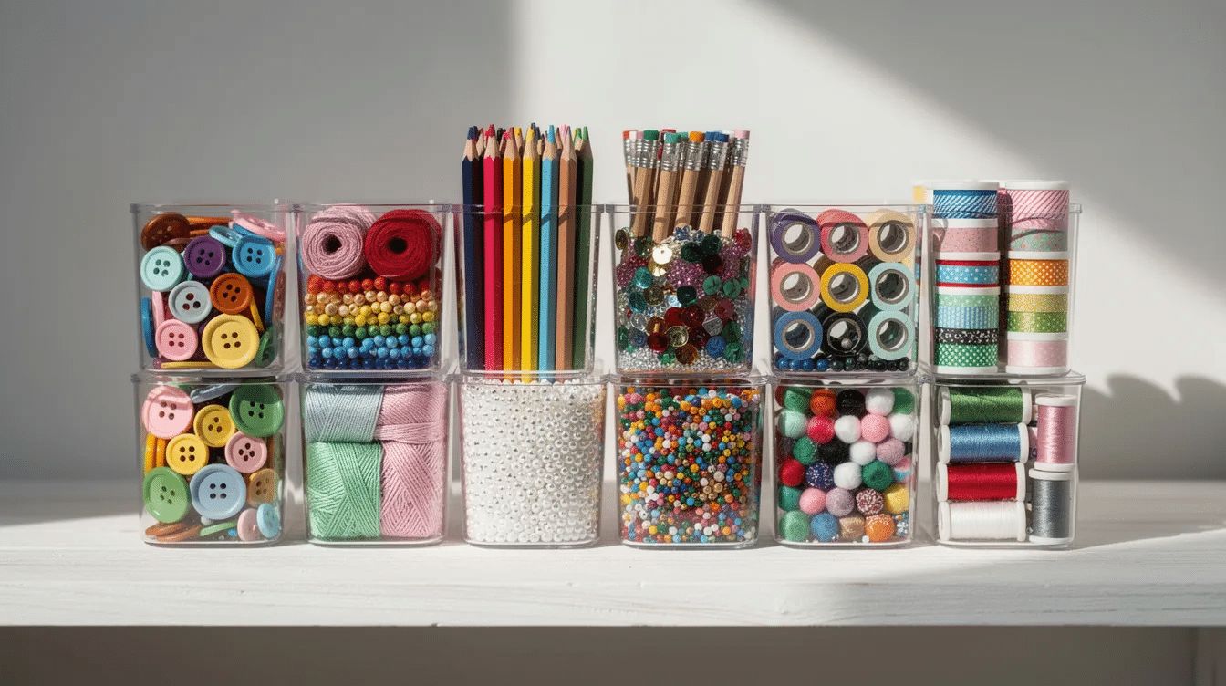 fe9b2165-53ce-4cec-a563-fea09e512f90 The image shows an organized shelf filled with small clear containers, each holding various craft supplies like beads, stickers, and googly eyes, ideal for creating kids crafts and craft kits at home. This setup provides a mess-free way for children to explore their creativity and engage in fun craft projects.