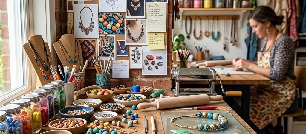 Clay Necklace Jewelry maker at a wooden workbench, colorful beads and tools spread out, design boards on a brick wall behind.