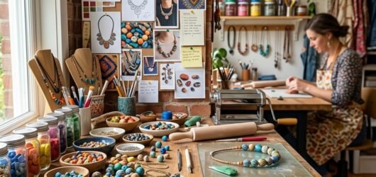 Clay Necklace Jewelry maker at a wooden workbench, colorful beads and tools spread out, design boards on a brick wall behind.