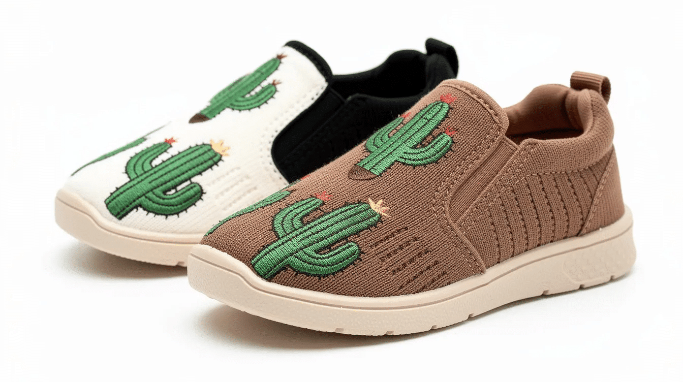 011150cd-5b93-4ceb-91cf-3423a108f6fa The image features a pair of slip-on shoes designed for toddlers, showcasing unique cactus embroidery on the elastic top panel, set against a neutral ivory white base. These comfortable shoes are perfect for casual outings, allowing little ones to easily step in and out, making them ideal for daycare or preschool settings.
