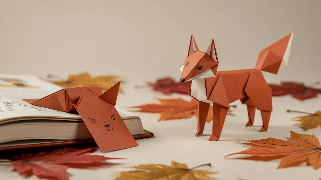 02ae31af-9987-401c-a947-7b16c06d647e The image features an origami fox crafted from reddish-orange paper, resembling the vibrant autumn leaves. This adorable origami design is perfect for fall-themed projects, making it a delightful addition to seasonal crafts for kids and intermediate folders alike.