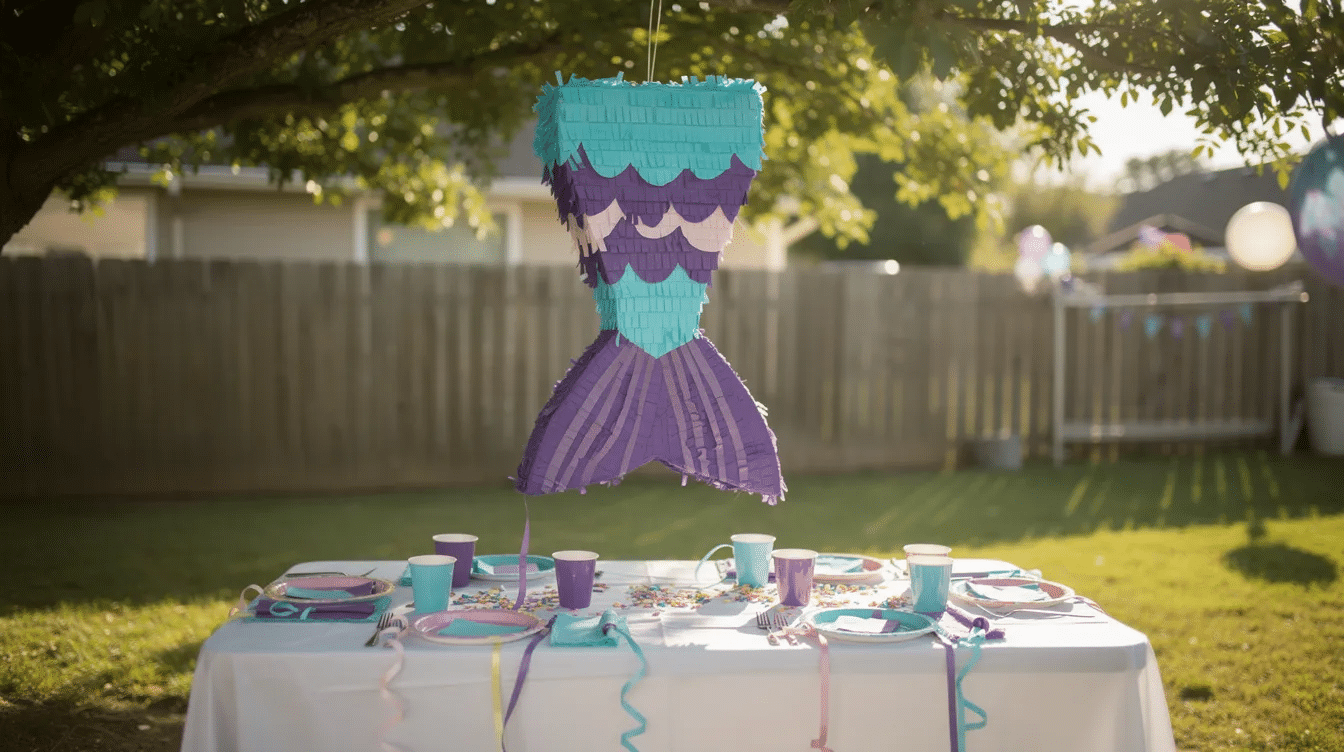 0347ccf8-2d03-4c6c-bcb0-a8b52a22e0d3 A vibrant handmade mermaid tail piñata in aqua and purple tissue paper hangs from a tree branch above a festive backyard party table adorned with colorful plates and streamers, ready to be filled with candy and goodies for the children to enjoy.