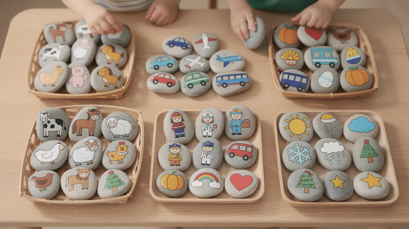 039e84cd-a4be-4c33-8ff3-b8064e07a22a A collection of flat stones, each featuring different pictures related to themes like farm animals, transportation, and holidays, is displayed in a small bag. These story stones offer a fun way for children to create their own stories, enhancing their imagination and storytelling skills through play.